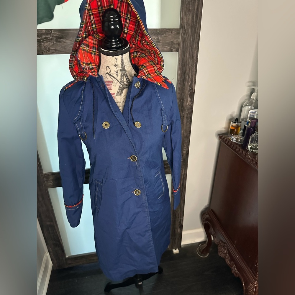 Blue Hooded Coat with Red Plaid Lining and Detail